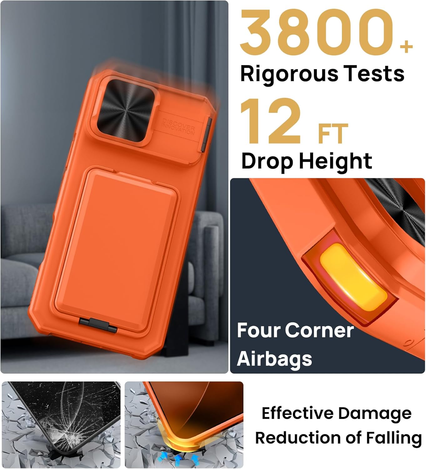 SSLOTSCASE for iPhone 17 Pro Max Case with Card Holder & Camera Stand & Kickstand & Slide Camera Lens Cover & Wallet, Military-Grade Heavy Duty Phone Case Cover for iPhone 17 Pro Max 6.9'', Orange